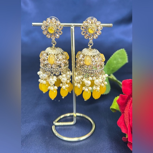 Beautiful Mustard Gold Duluxe Reverse Ad Jhumkas - Picture 2 of 7